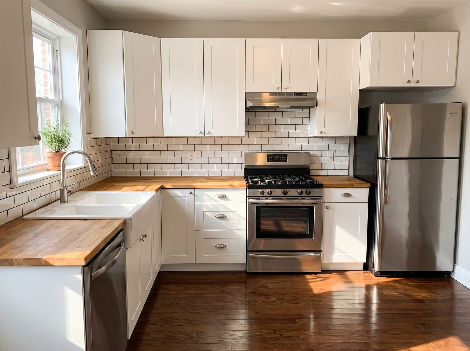 The same kitchen after cleaning: clear counters, an empty gleaming sink, a spotless stovetop and mopped floor