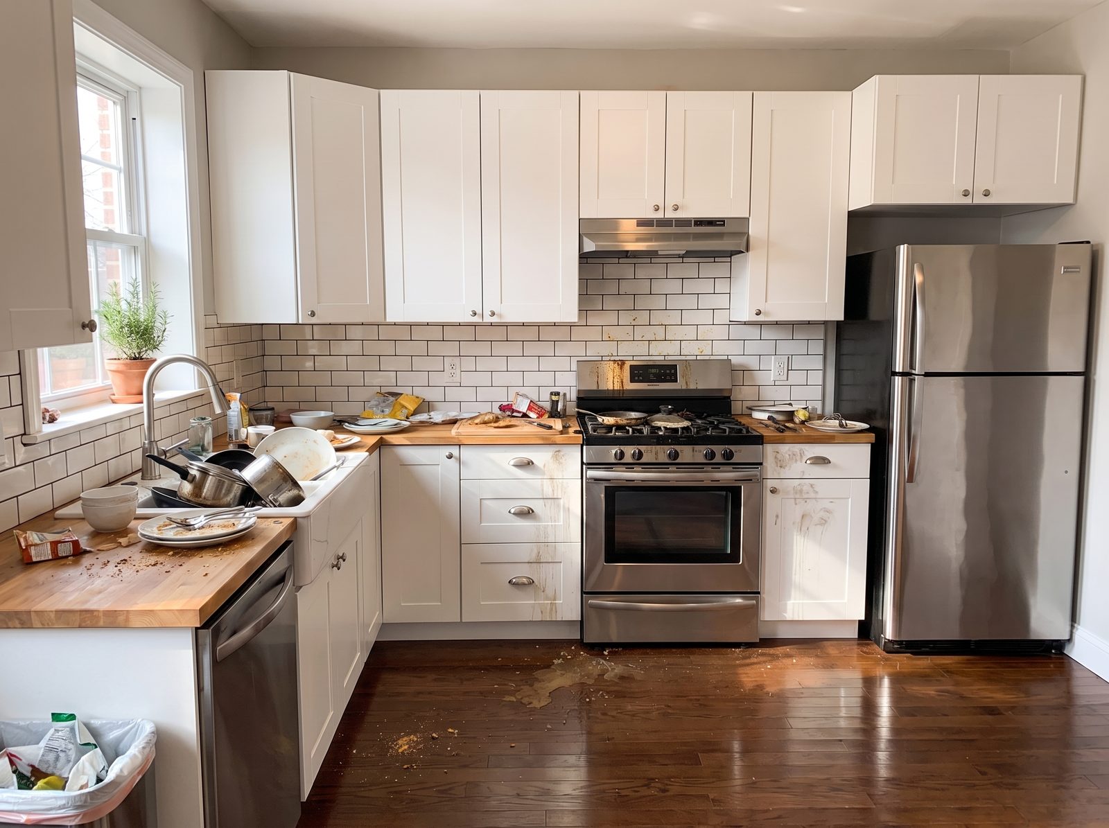 A kitchen before cleaning: cluttered counters, dishes stacked in the sink, grease on the stovetop